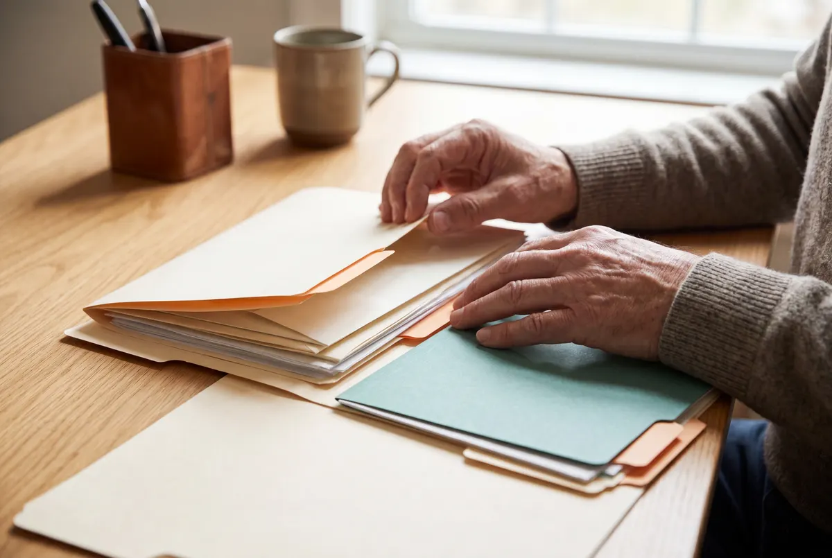 Iemand ordent rustig de post en documenten in nette mappen