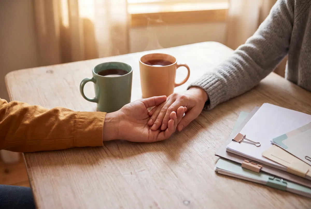 Aan tafel rust een hand geruststellend op een andere hand, met thee en wat post ernaast